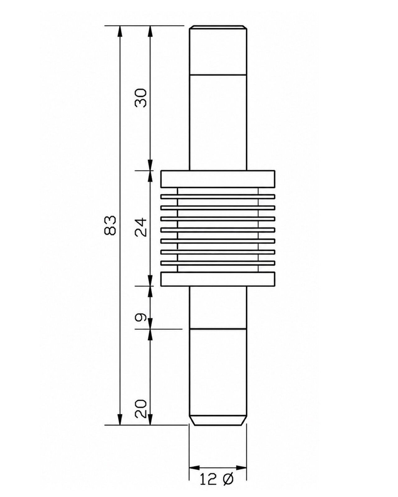 Incure L-Series™ L9000 Cool Guide dimensional drawing — 83 mm total length, 12 mm diameter